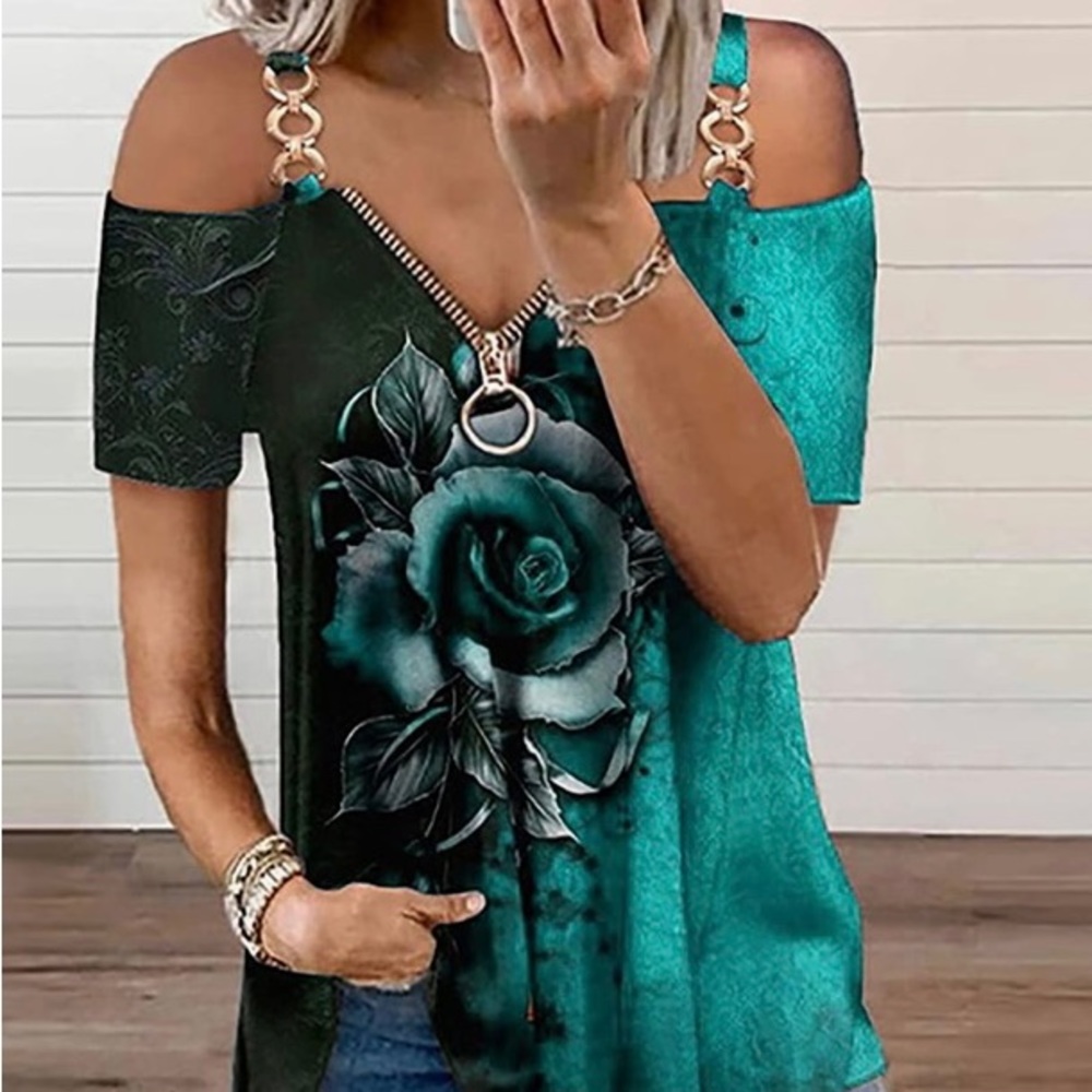 Floral teal flowy chain cold shoulder blouse